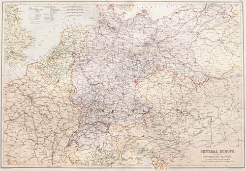 central europe antique map with railways 1882